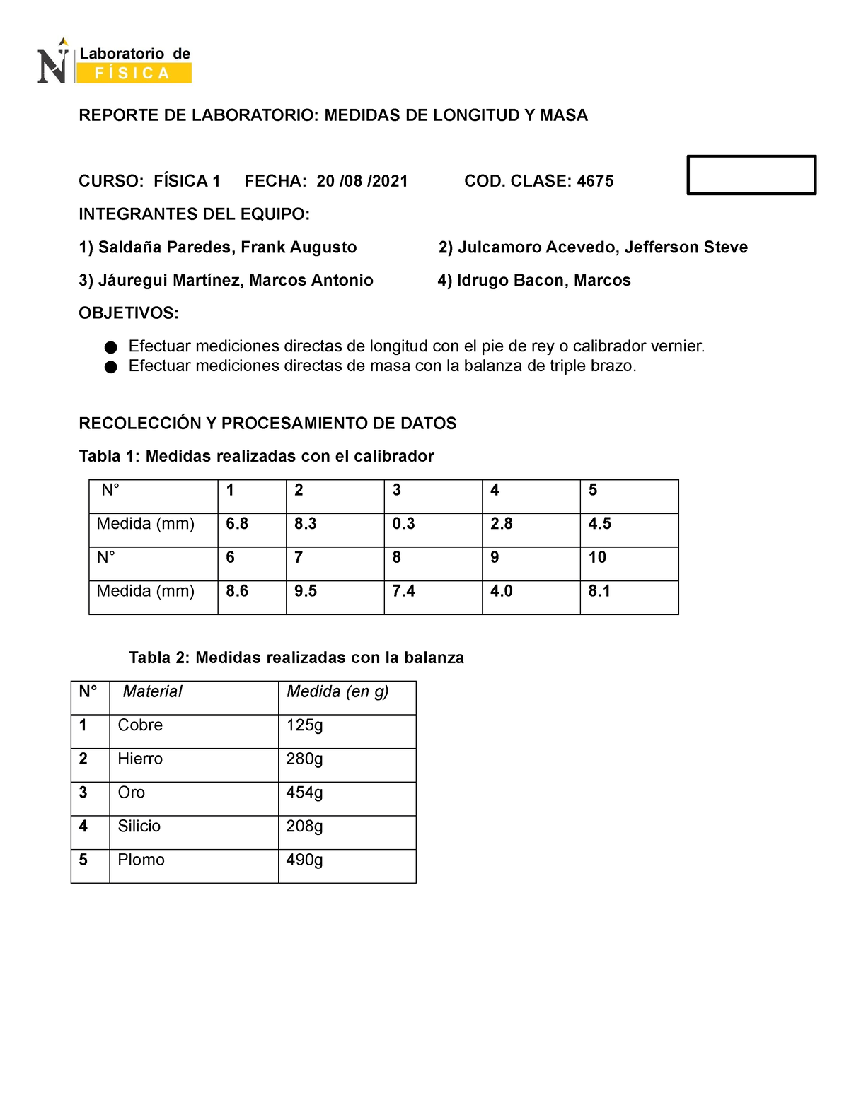 Reporte De Laboratorio N° 1 Medidas De Longitud Y Masa Reporte De