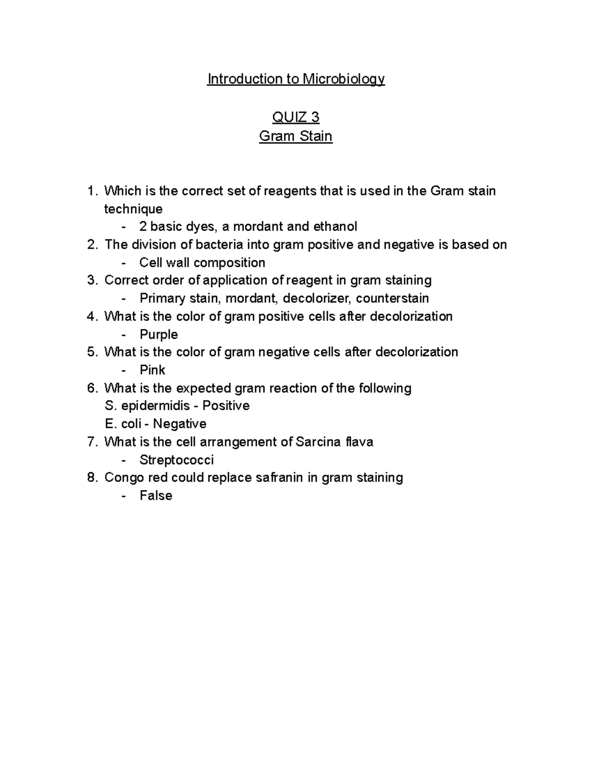 Intro to Micro Lab Quiz 3 Introduction to Microbiology QUIZ 3 Gram