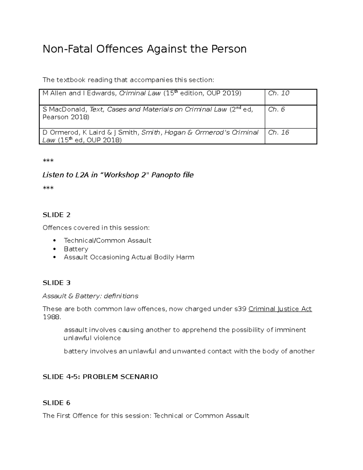 Lecture 2 Outline, Criminal Law - Non-Fatal Offences Against The Person ...