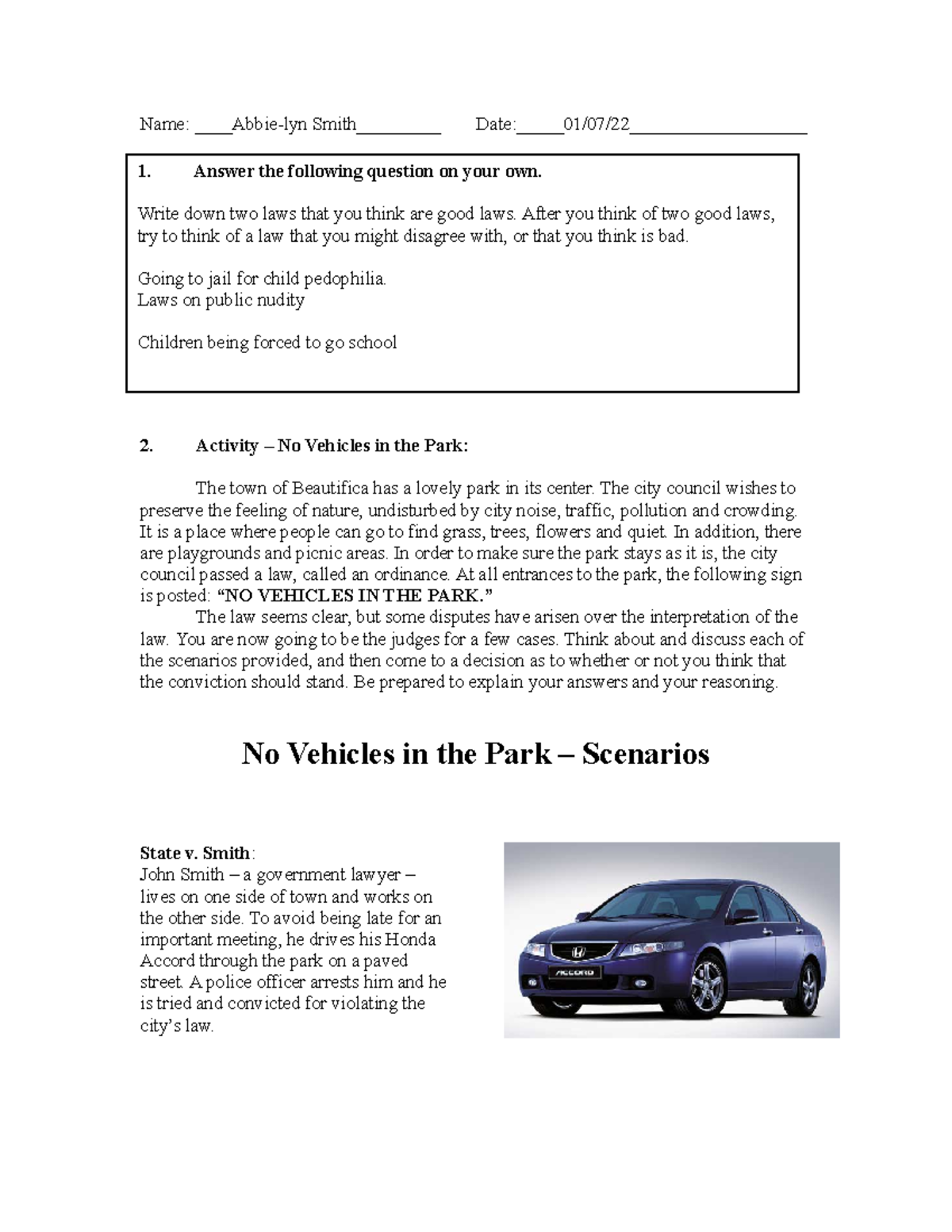 No vehicles in the park- worksheet attendance ticket - Name: Abbie-lyn ...