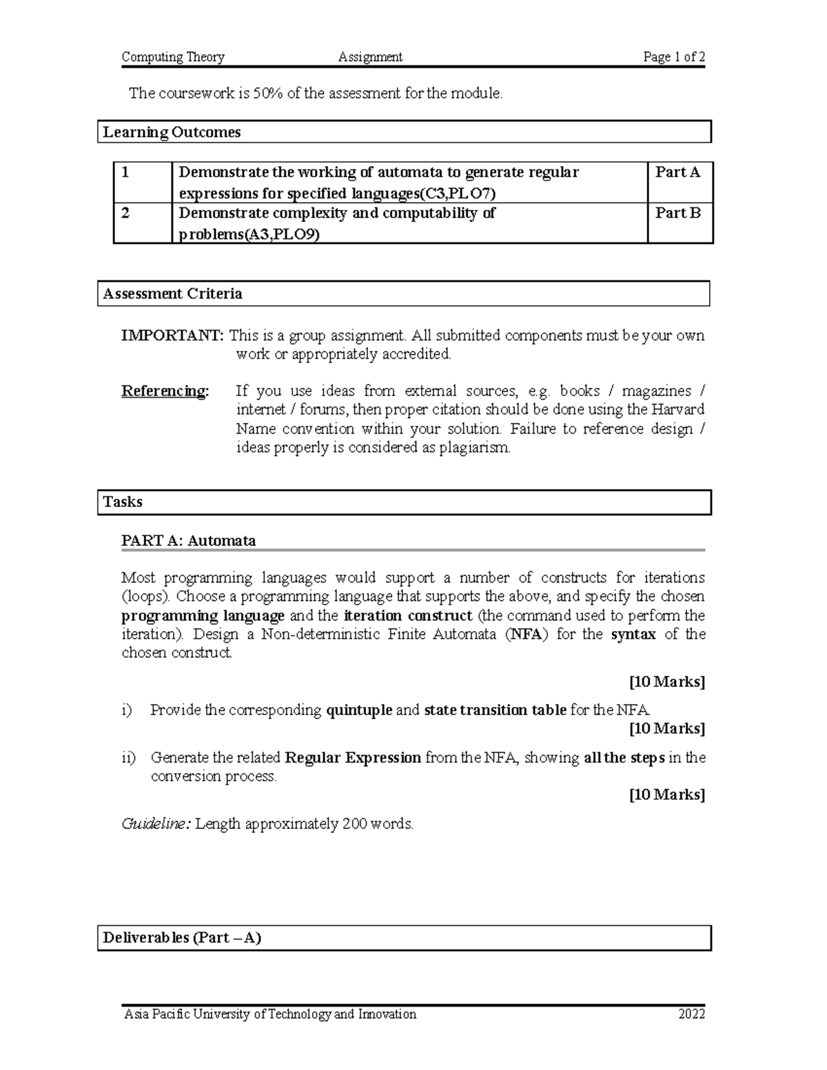 Assignment - asd - Computing Theory Assignment Page 1 of 2 The ...