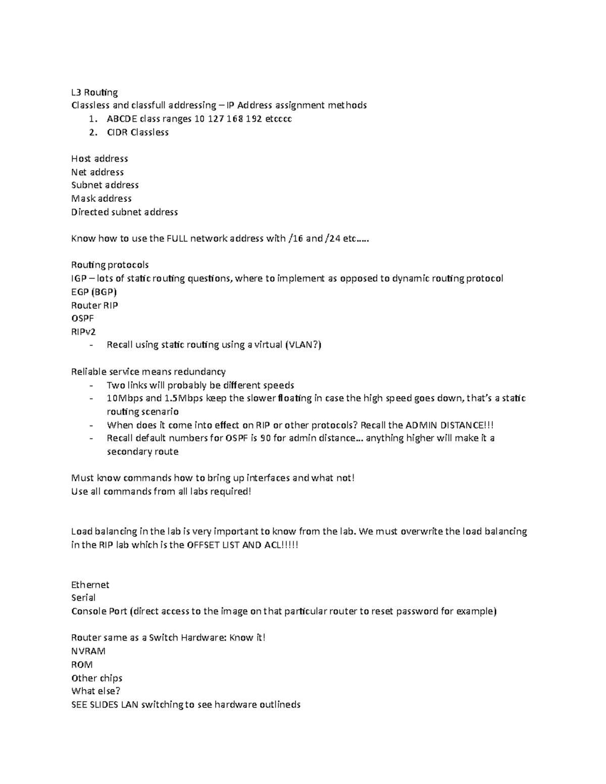 Exam 2 Study Guide CIS338 - L3 Routing Classless and classfull ...