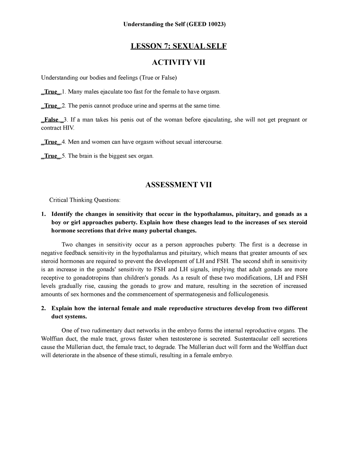 Understanding The Self Uts Activity Lesson 7 Understanding The Self Geed 10023 Lesson 7 0648