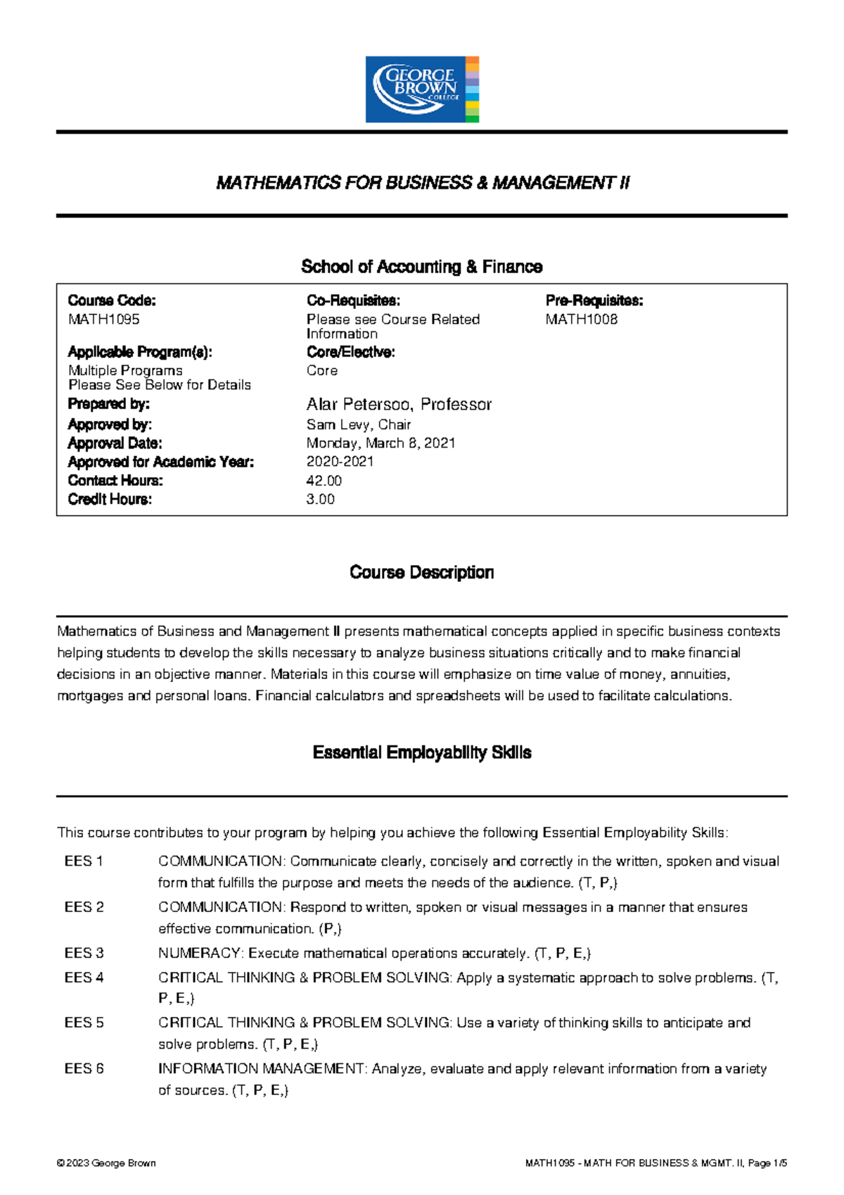 2020-2021 math1095 - outline - Mathematics of Business and Management ...