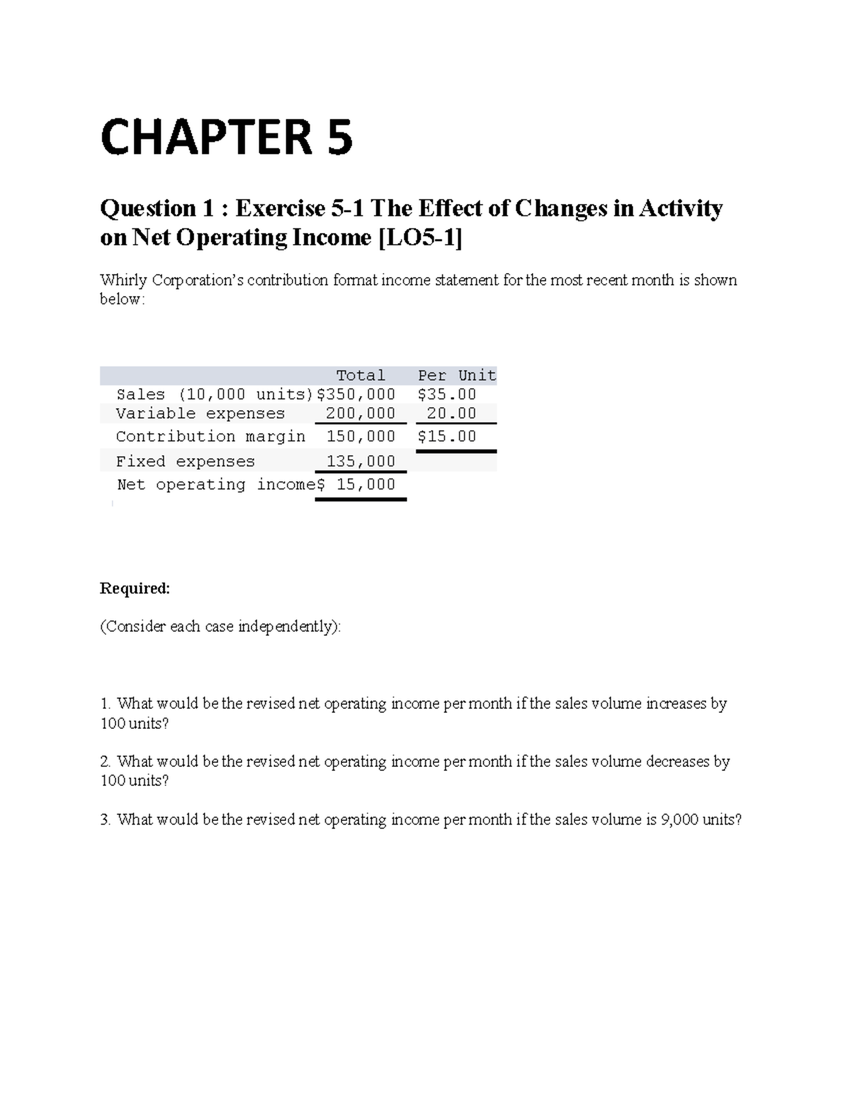 MAF Online HW Answers - CHAPTER 5 Question 1 : Exercise 5-1 The Effect of  Changes in Activity on Net - Studocu