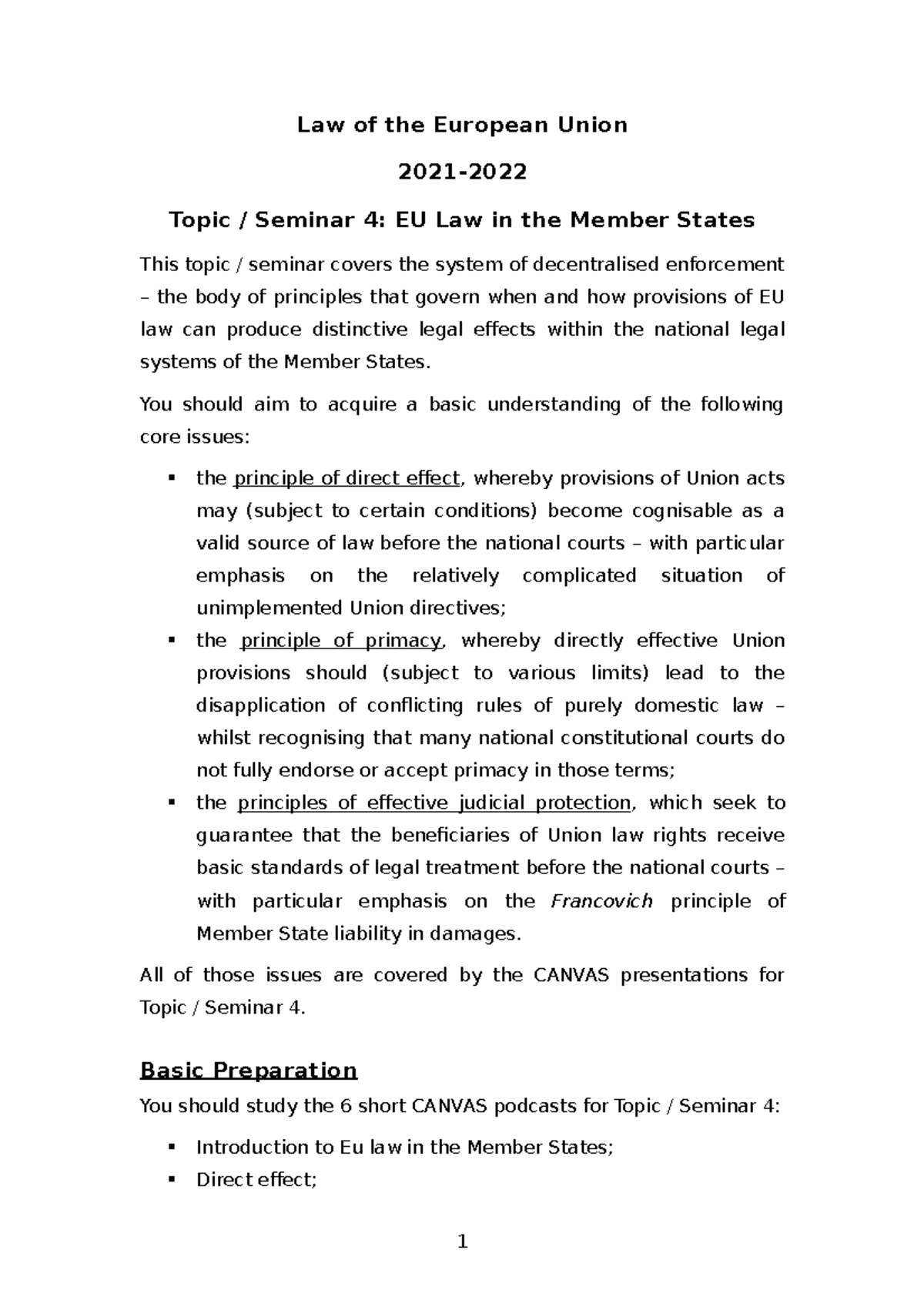 EU Law 21-22 Seminar 4 summary for students - Law of the European Union ...