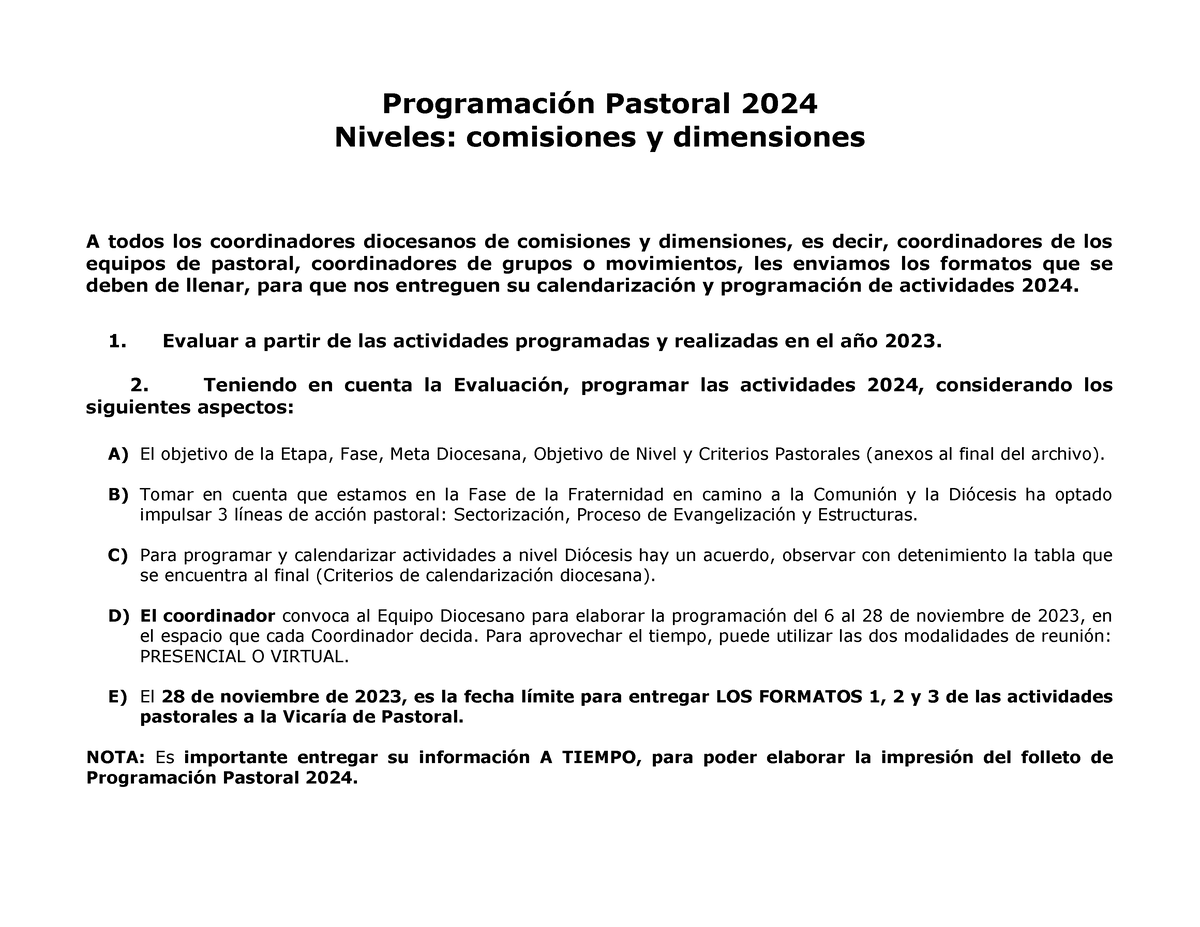 Programación Comisiones y Dimensiones 2024 Programación Pastoral 2024