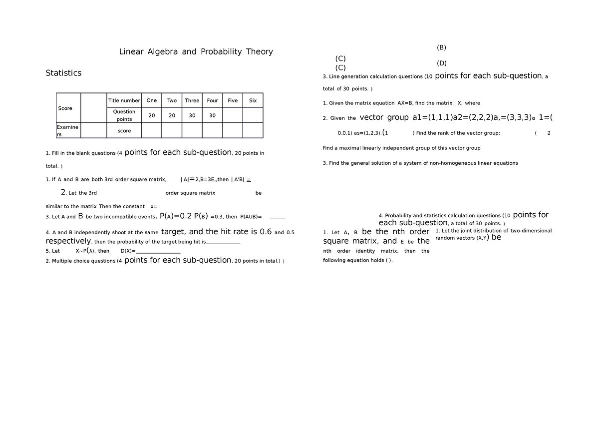 Linear Algebra And Probability Theory Statistics - Linear Algebra And ...