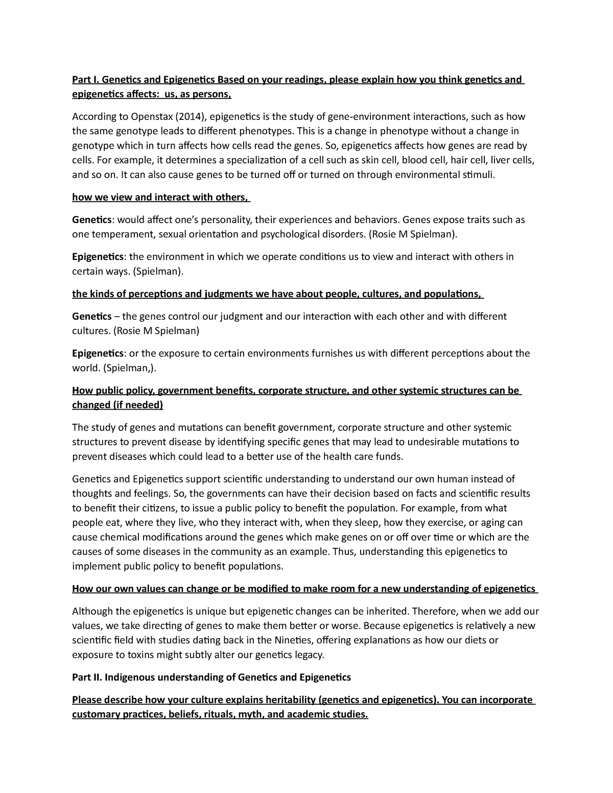 Unit 2 discussion assinment - Part I. Genetics and Epigenetics Based on ...