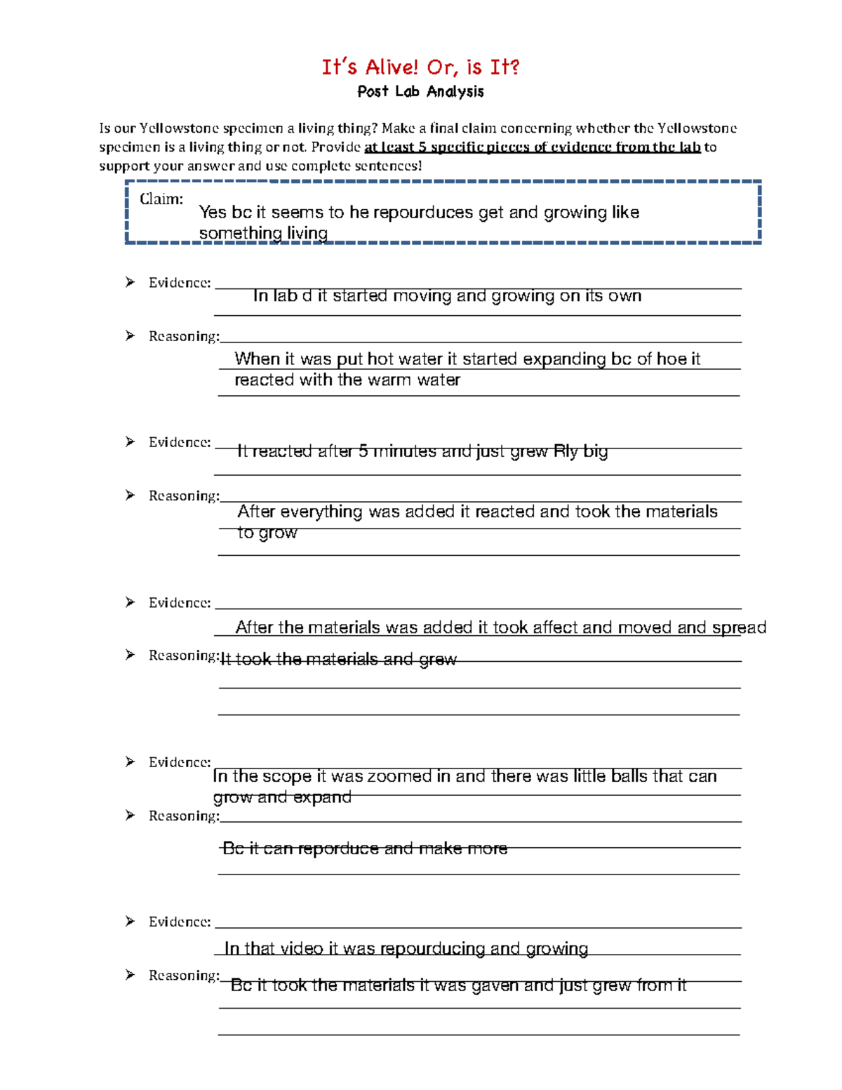 Life Lab Analysis Questions It’s Alive! Or, is It? Post Lab Analysis