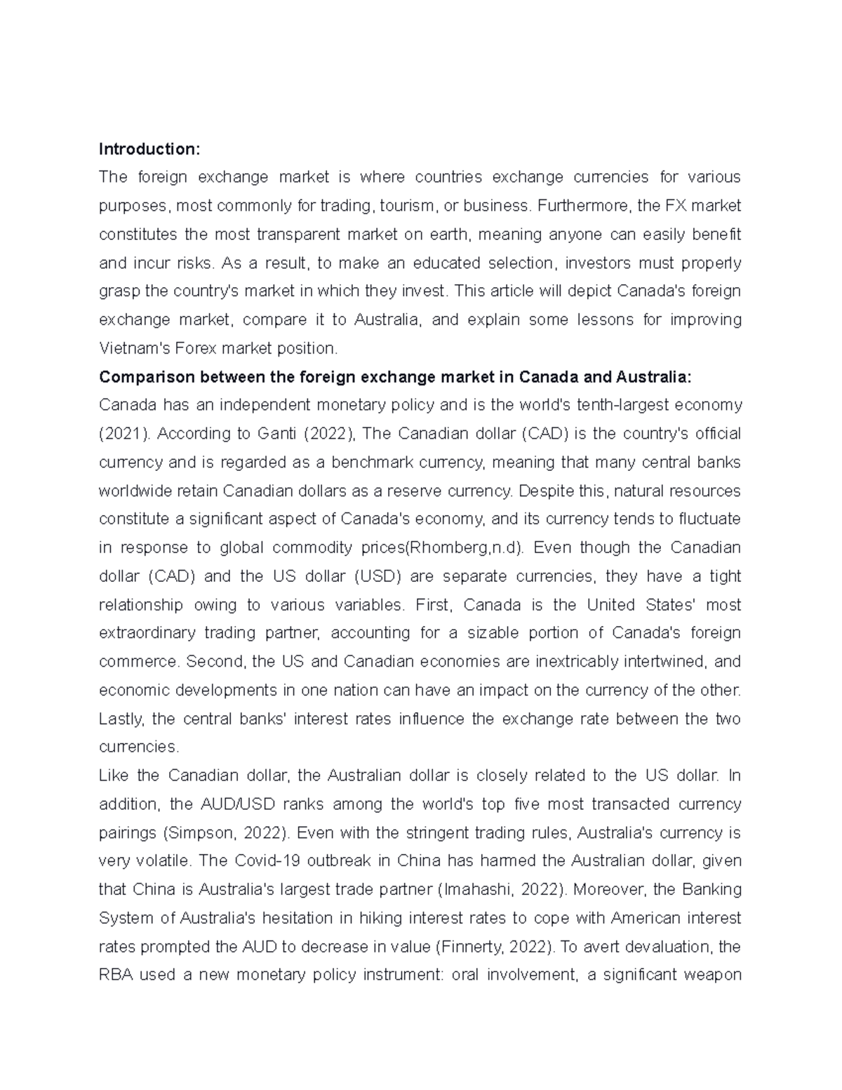 FIM - Individual Essay - Introduction: The foreign exchange market is ...