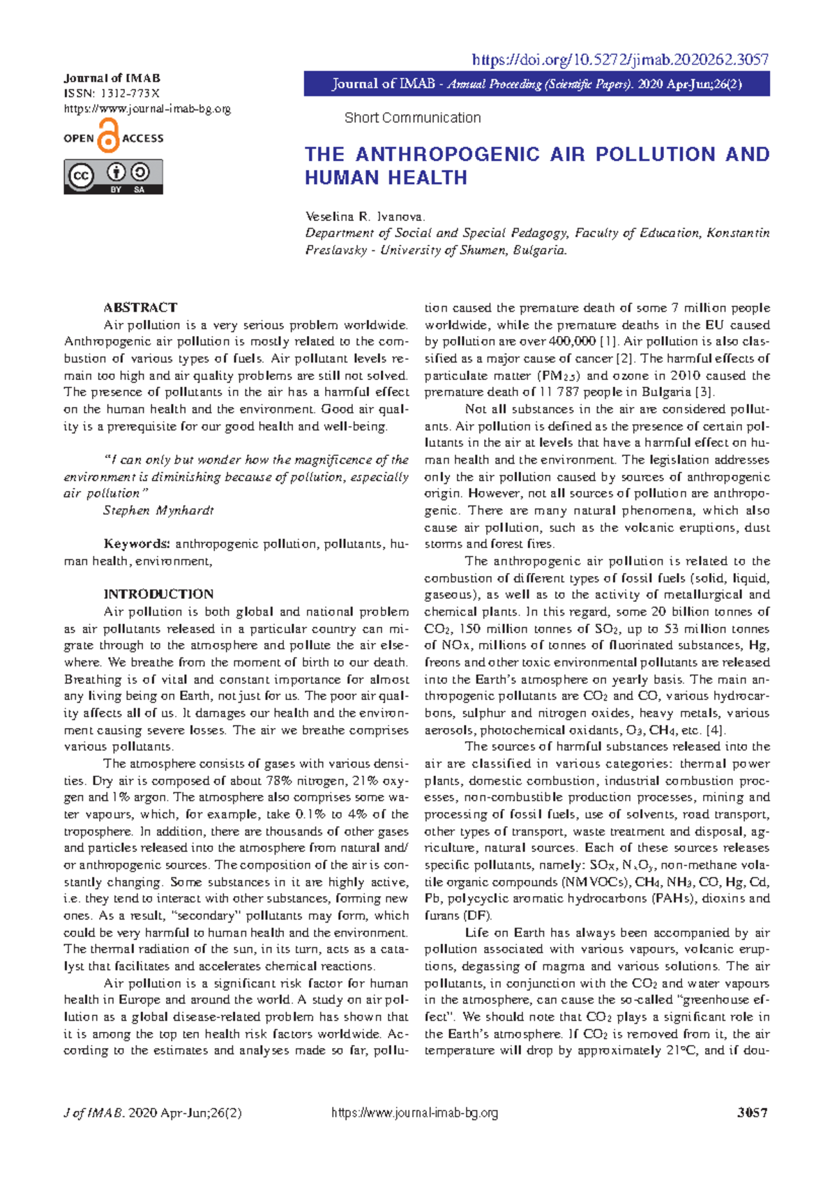 THE ANTHROPOGENIC AIR POLLUTION AND HUMAN HEALTH - J of IMAB. 2020 Apr ...