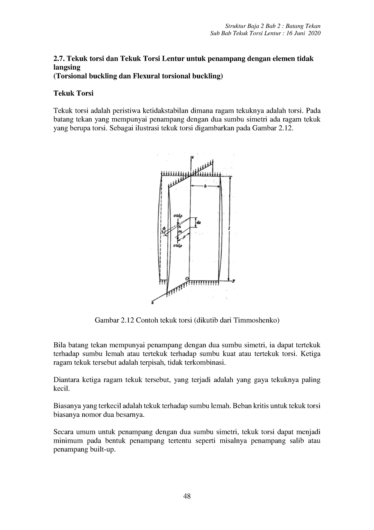 BAB 2 Batang Tekan (b) Tekuk Torsi - Sub Bab Tekuk Torsi Lentur : 16 ...