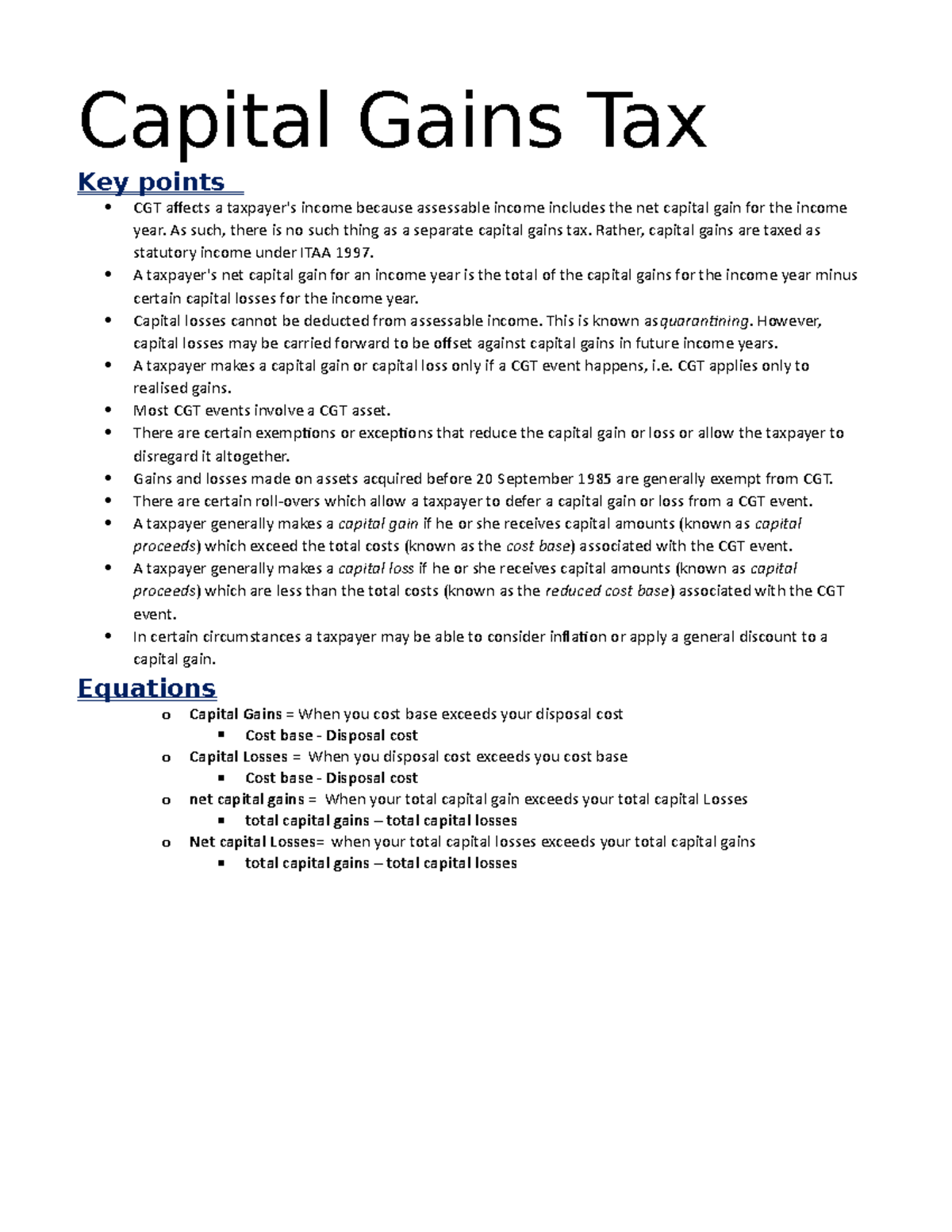 Topic D - Australian Taxation CGT - Capital Gains Tax Key points CGT ...