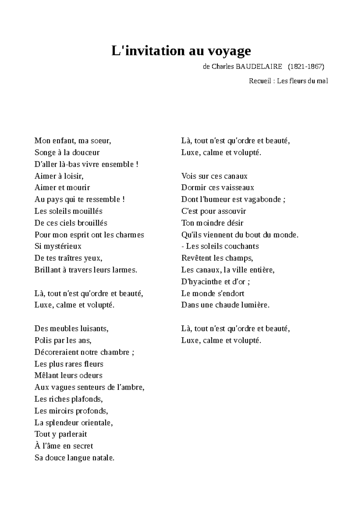 Baudelaire L Invitation Au Voyage L invitation Au Voyage De Charles 