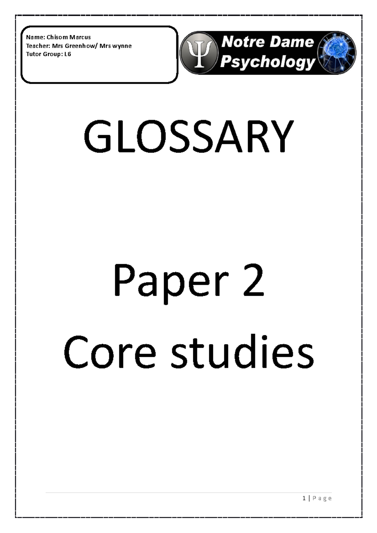 Glossary core studies 1 and 2 GLOSSARY Paper 2 Core studies Name