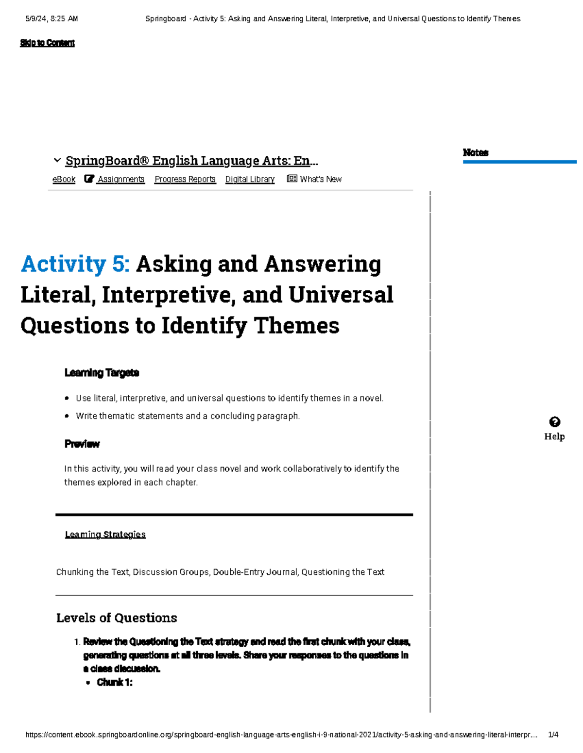 Springboard Activity 5 Asking and Answering Literal, Interpretive