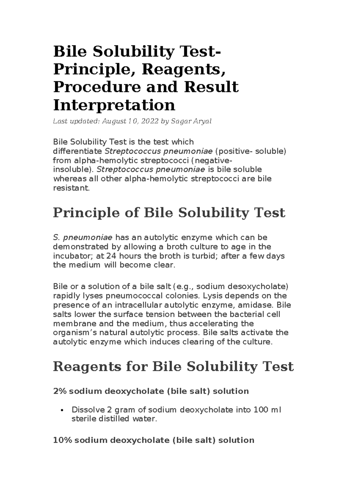 Bile Solubility Test - Biochemical test - Bile Solubility Test ...