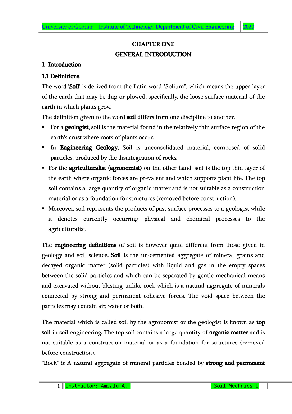 Ch-1-soil Mechanics 1 - Note - CHAPTER ONE GENERAL INTRODUCTION 1 ...