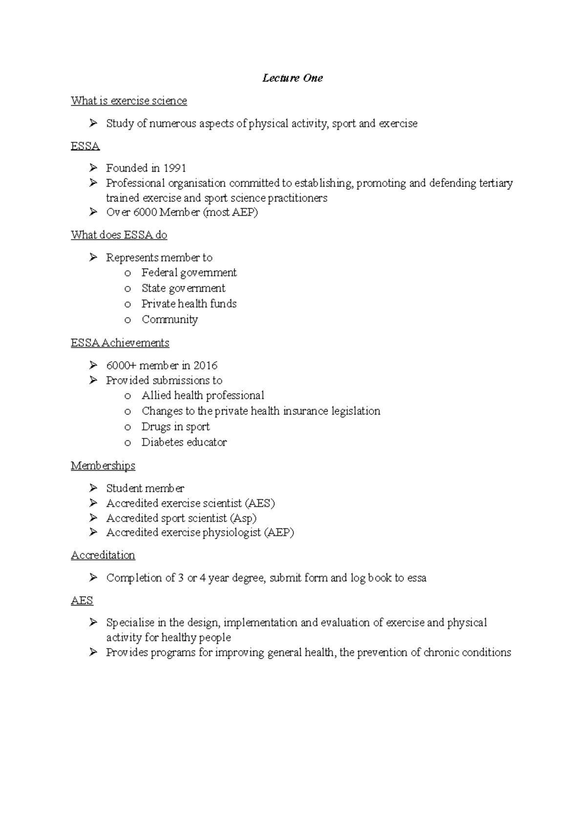 Lecture notes - Lecture One What is exercise science Study of numerous ...