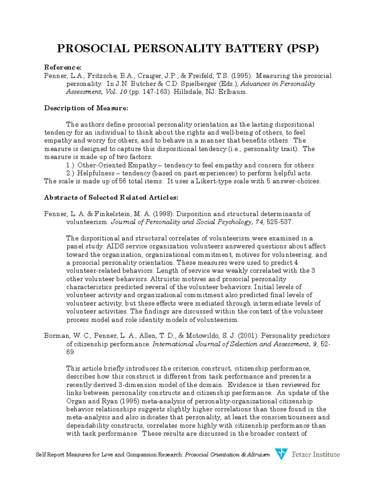 Prosocial Orientation AND Altruism - PROSOCIAL PERSONALITY BATTERY (PSP ...