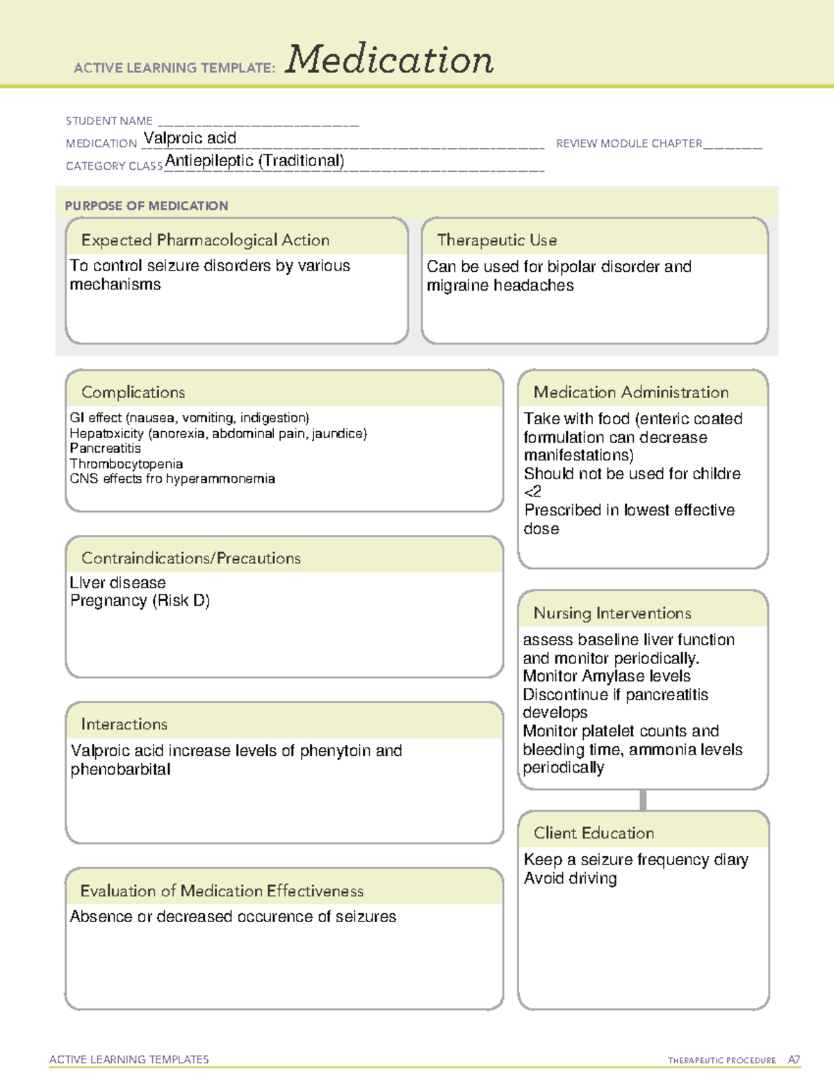 Valproic Acid ACTIVE LEARNING TEMPLATES THERAPEUTIC PROCEDURE A 