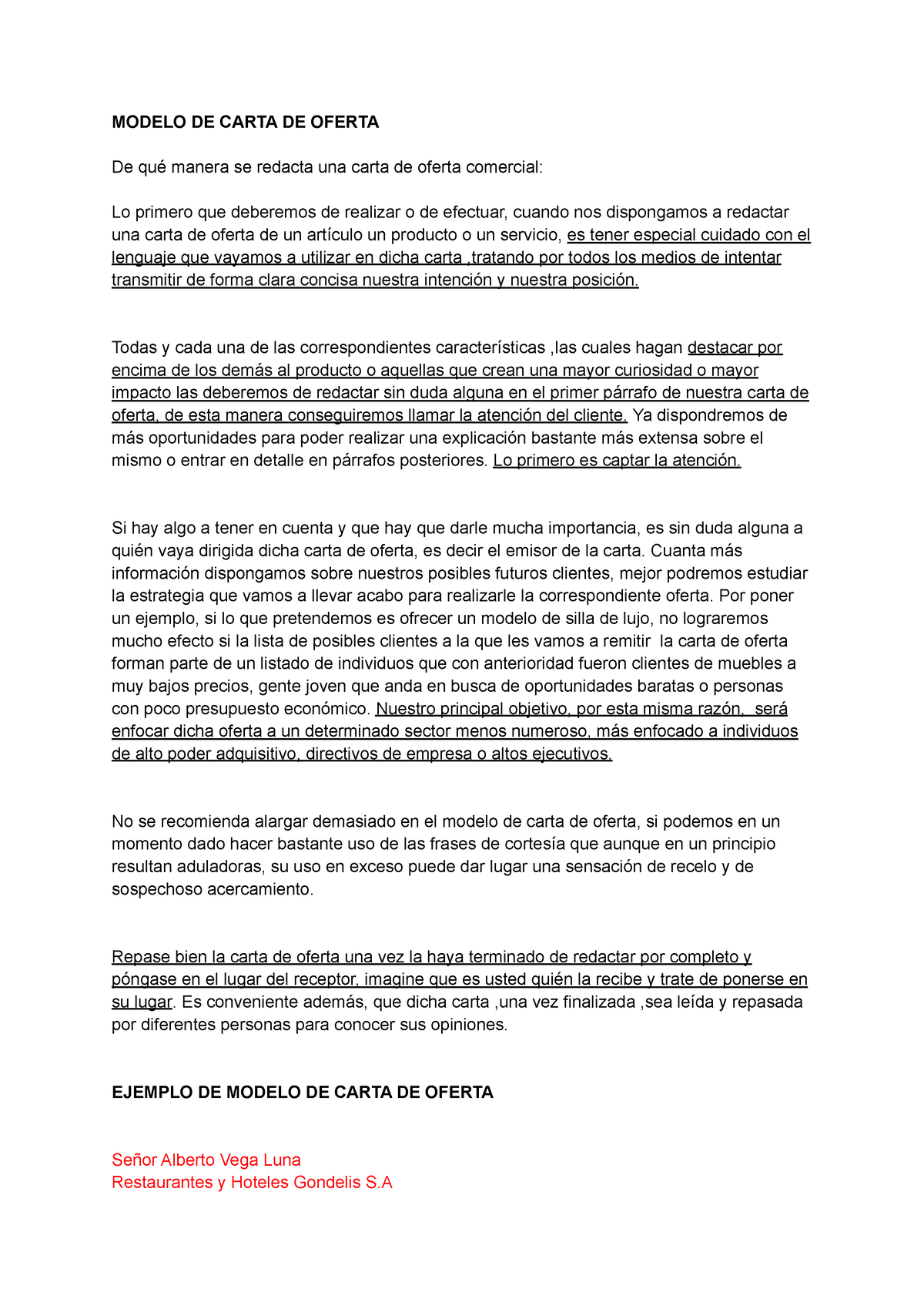 Modelo DE Carta DE Oferta - MODELO DE CARTA DE OFERTA De qué manera se  redacta una carta de oferta - Studocu