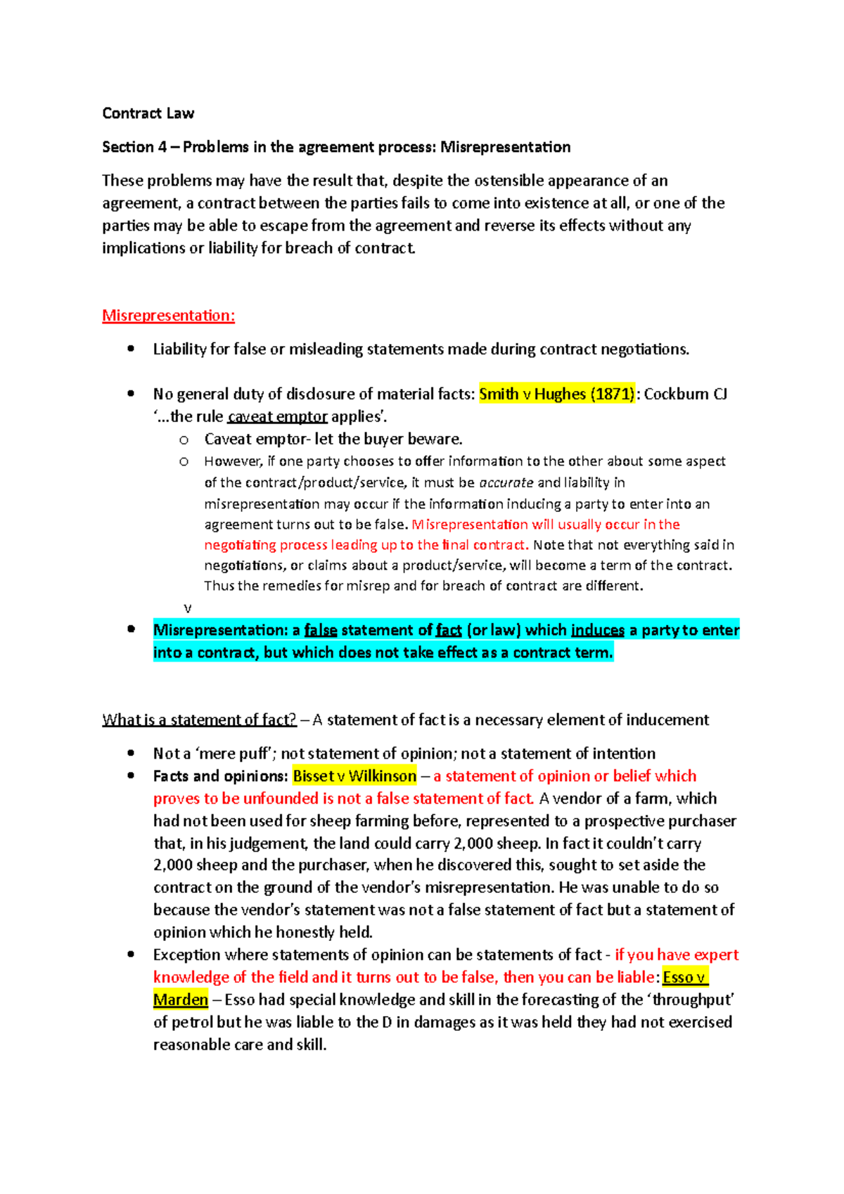 Section 4 - Misrepresentation - Contract Law Section 4 – Problems in ...