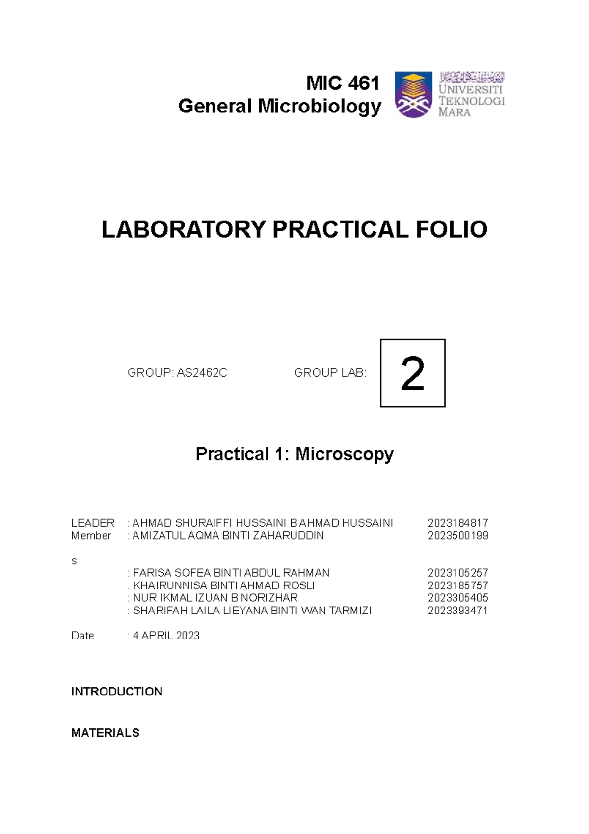 MIC 461 Practical 1 microscopy MIC 461 General Microbiology LABORATORY PRACTICAL FOLIO GROUP