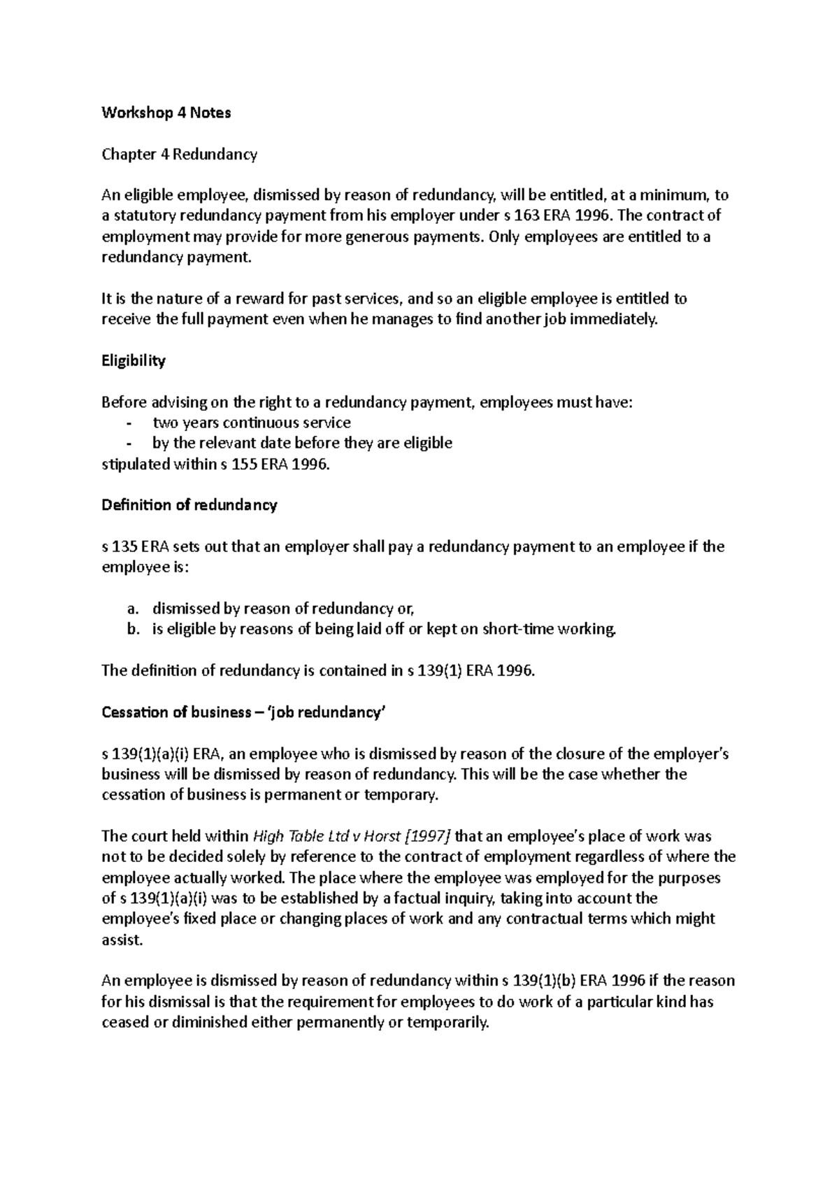 Employment Law 4 Notes - Workshop 4 Notes Chapter 4 Redundancy An ...