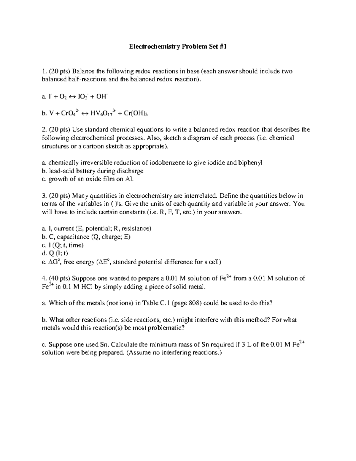 Echem prob set 1 assignm,ent1 Electrochemistry Problem Set (20