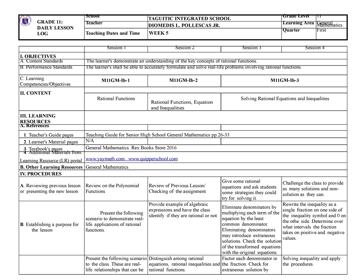 General math dll for shs q1 week 02 1 - GRADE 11: DAILY LESSON LOG ...