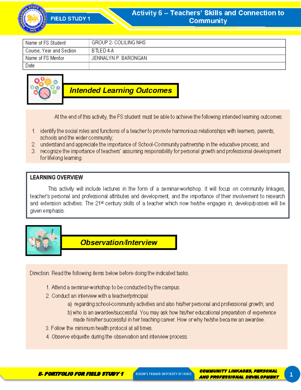 FS1 Activity 6 Btled 4 A Group 2 Colilingnhs - FIELD STUDY 1 Community ...