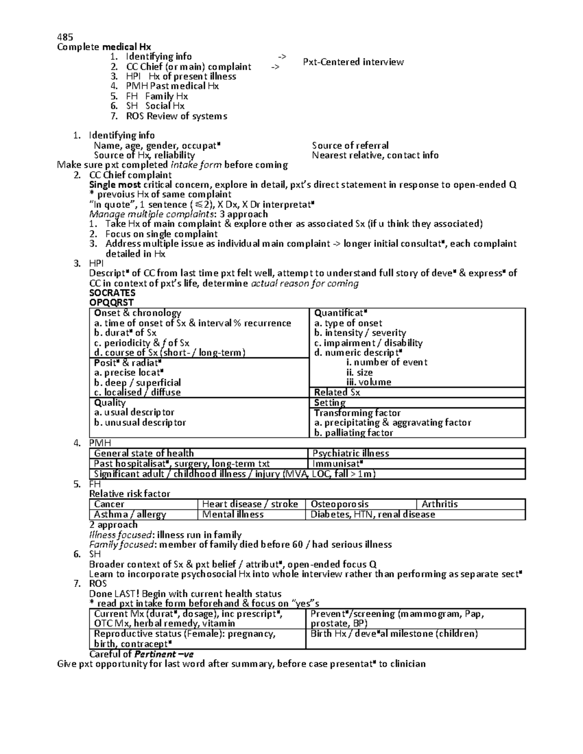 485 Hx 485 Hx 485 Complete medical Hx 1. Identifying info > Pxt