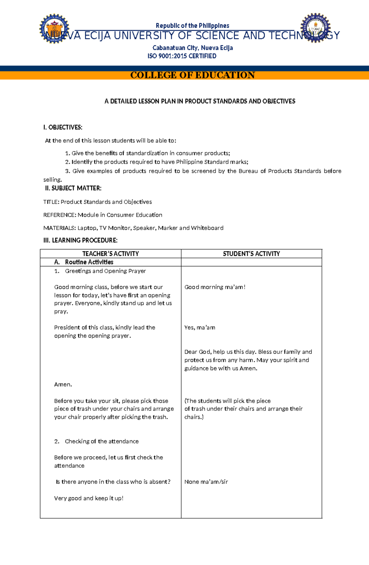 DLP IN UNIT 3 Product Standards AND Objectives 1 - COLLEGE OF EDUCATION ...