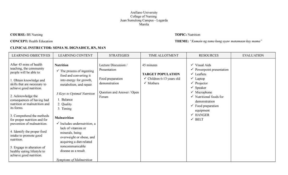 Sample-Teaching-Plan - Arellano University College of Nursing Juan ...