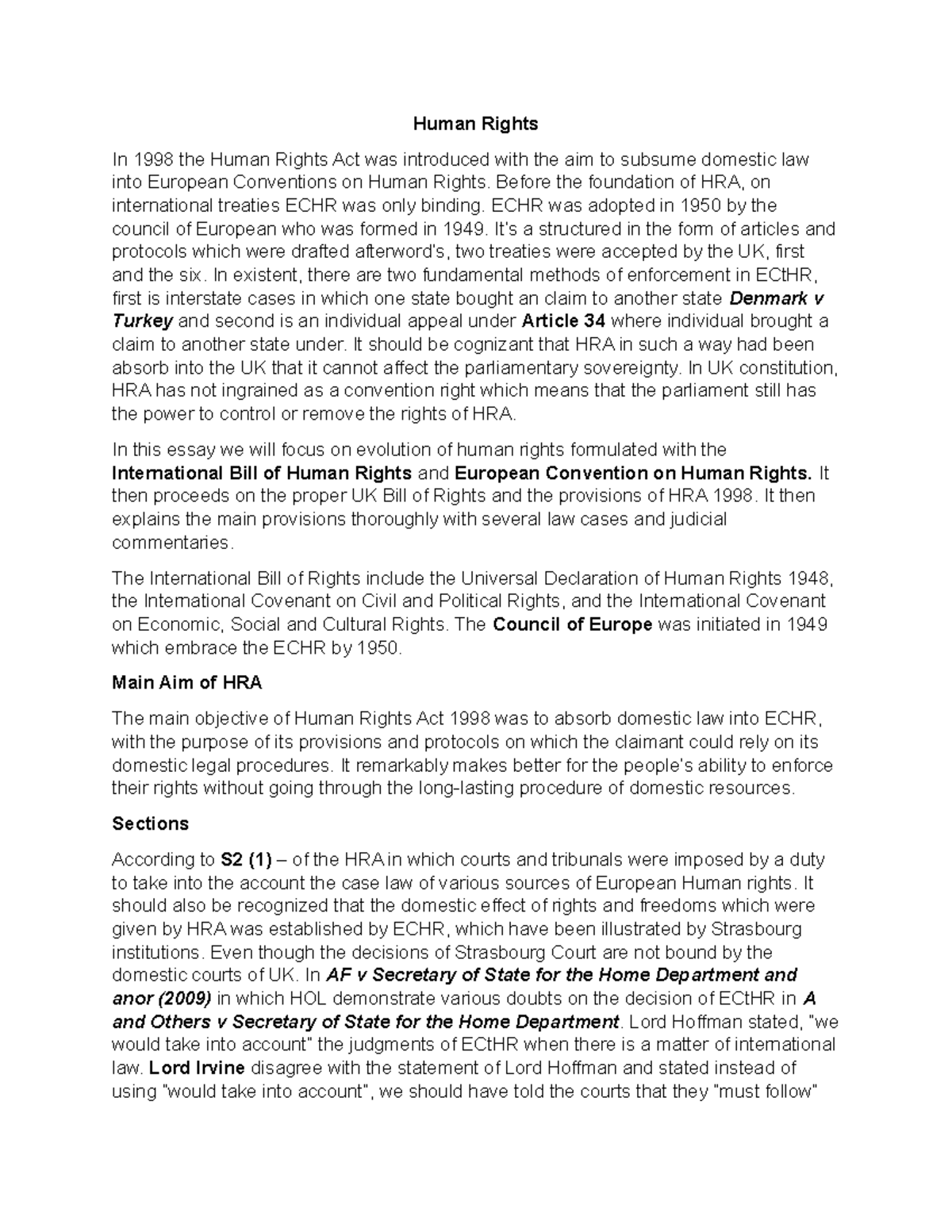 HRA 1998 Public law Short Notes Human Rights In 1998 the Human