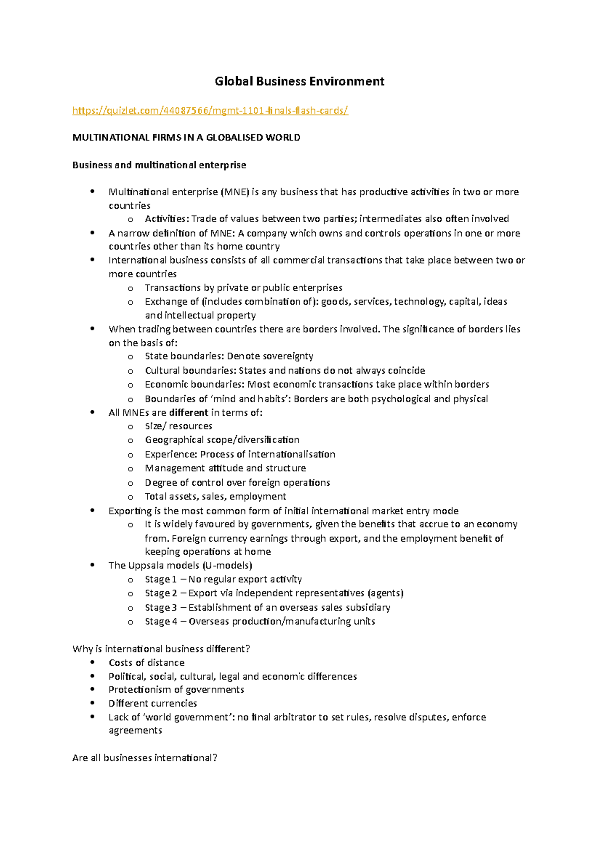 MGMT1101 Lecture Notes 2020 T2 - Global Business Environment - Studocu