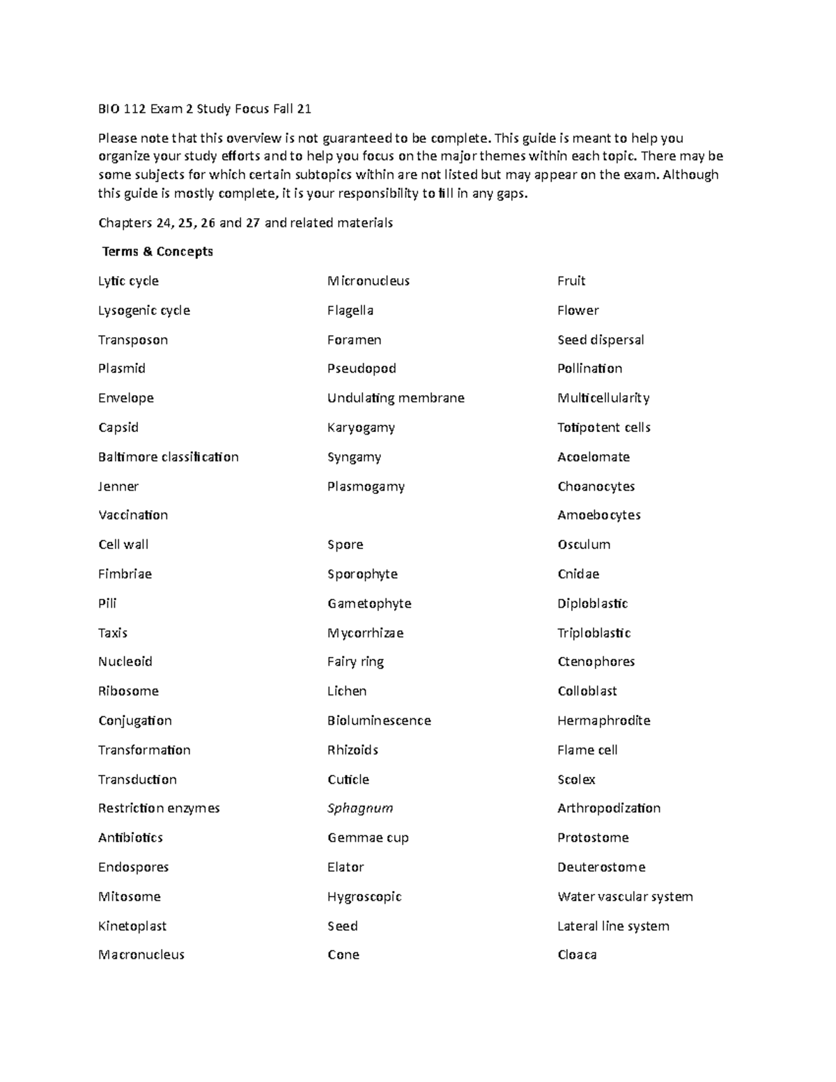 Exam study guide 2 - BIO 112 Exam 2 Study Focus Fall 21 Please note ...