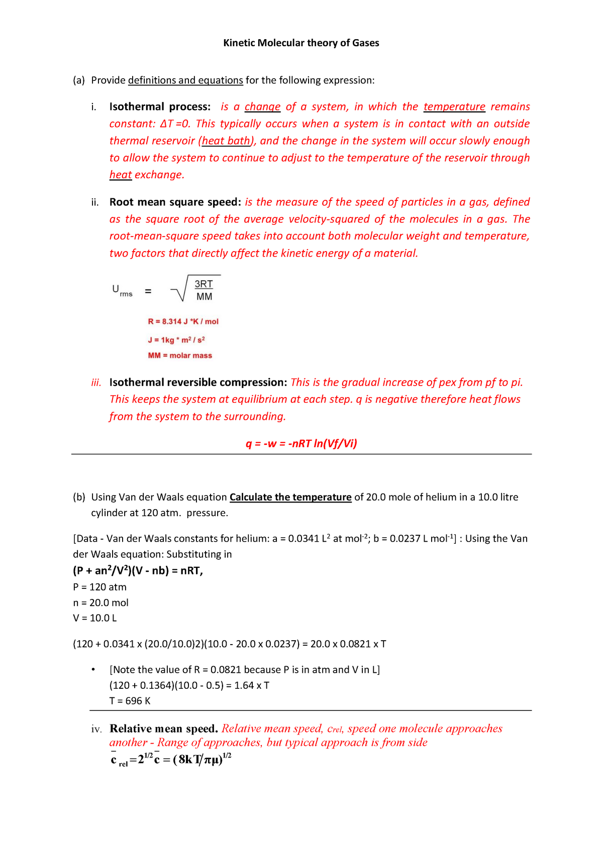 Worked examples thermodynamics - (a) Provide definitions and equations ...