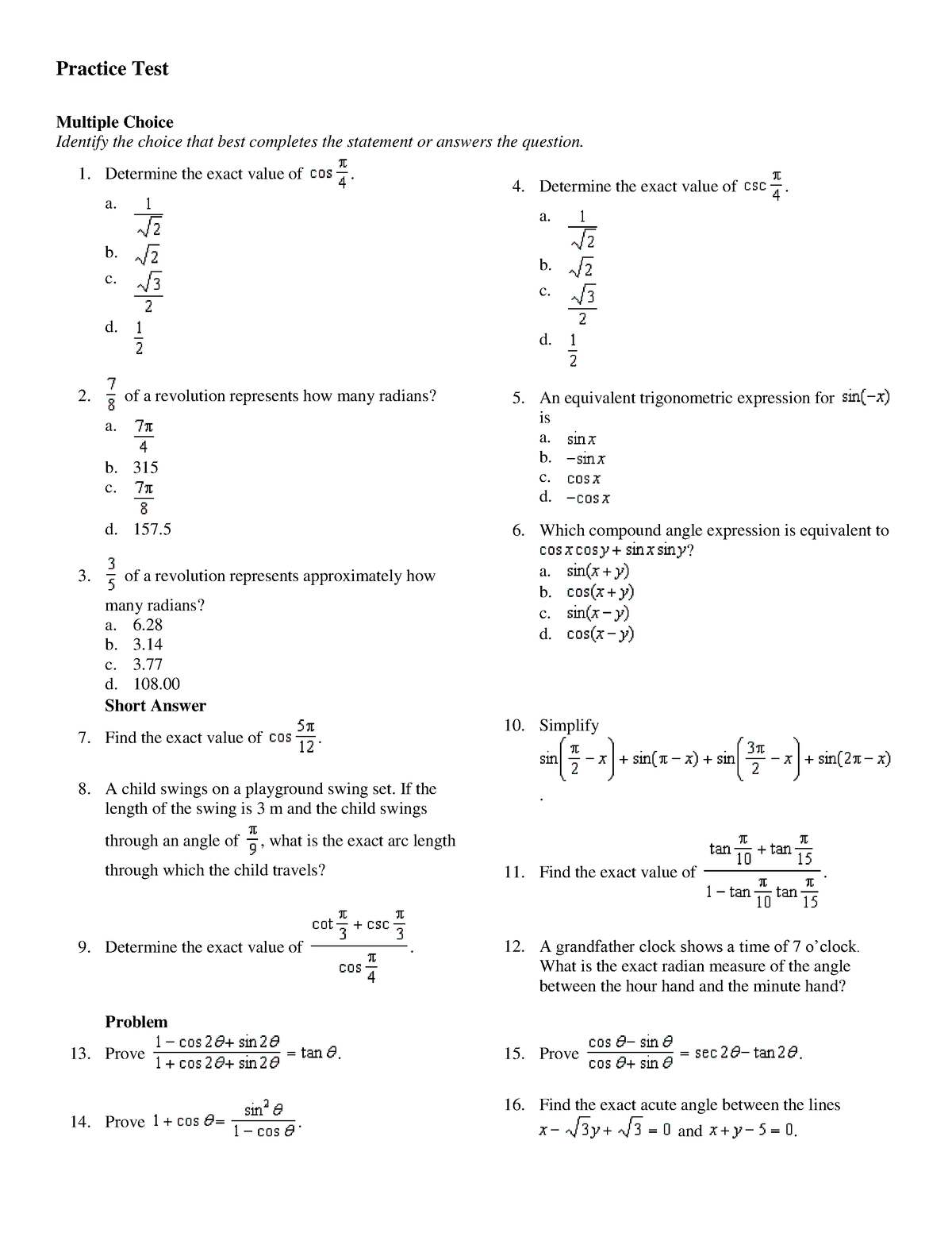 MHF4U Unit 4 Practice Test - Practice Test Multiple Choice Identify the ...