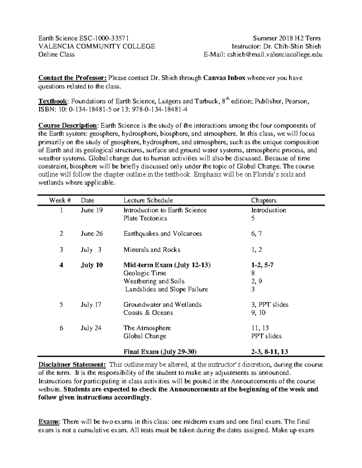 Earth Science ESC 1000-33571 Summer 2018 H2-2 - Earth Science VALENCIA ...