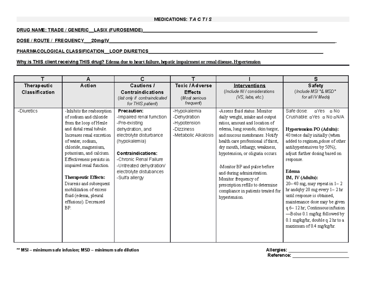 Lasix Furosemide - TACTIS - MEDICATIONS: T A C T I S DRUG NAME: TRADE ...