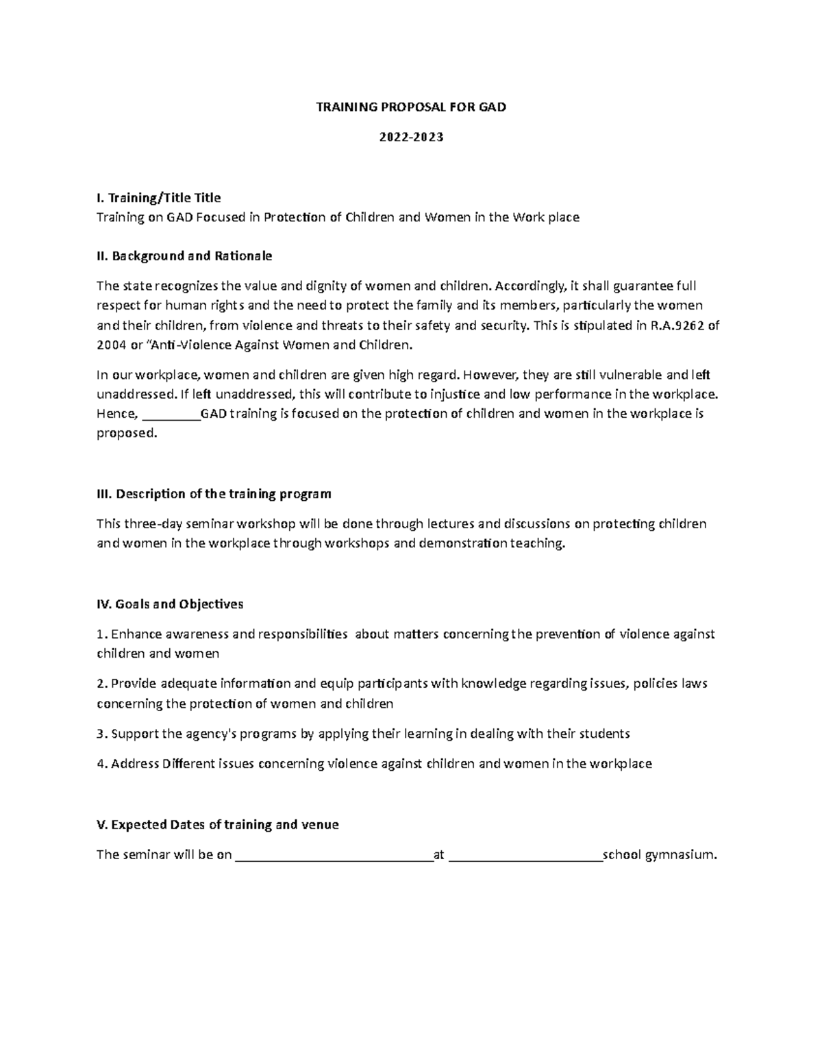 Training Proposal GAD GAD TRAINING PROPOSAL FOR GAD 2022 I