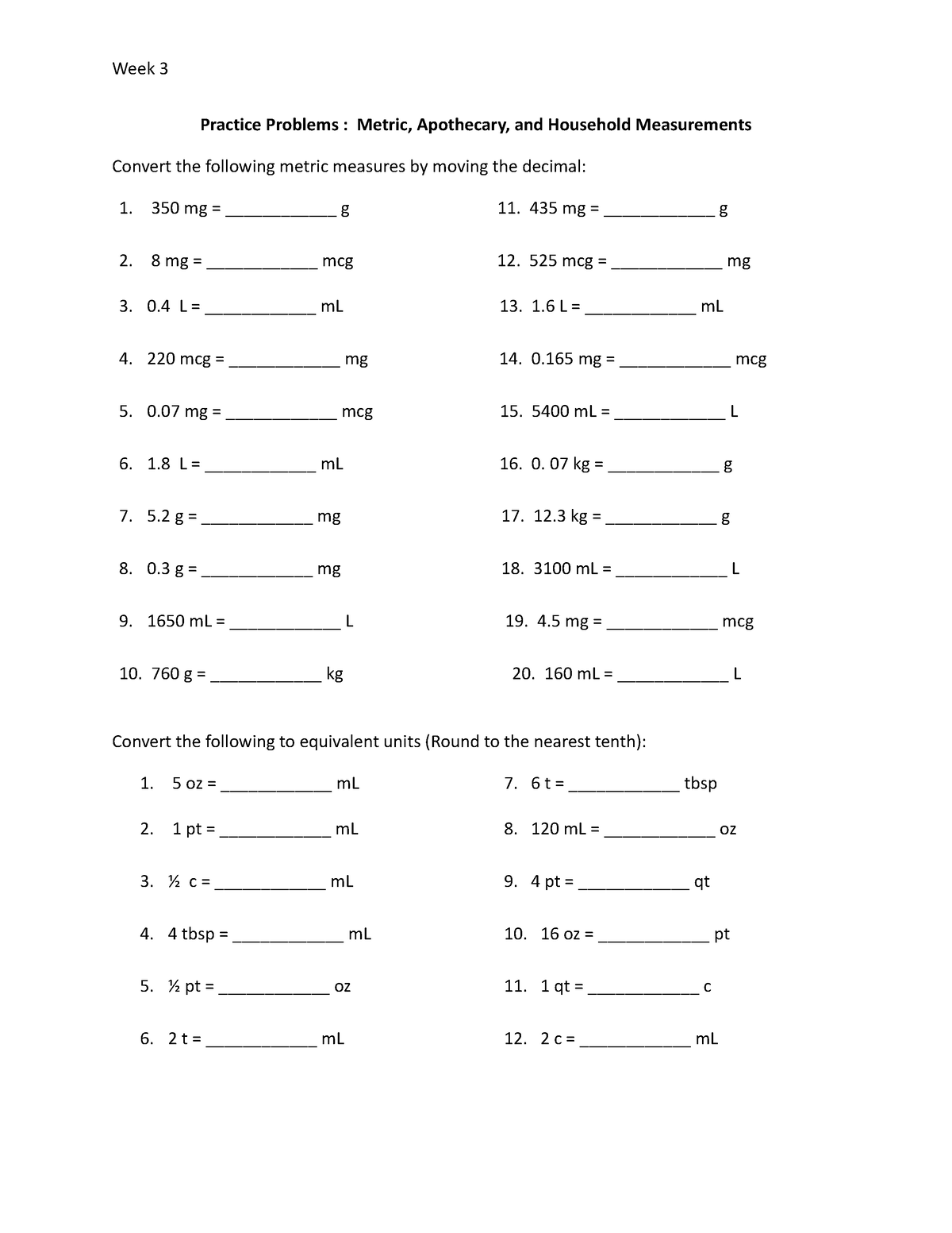 Clin Calc Week 3 - These are calculation questions to help practice for ...