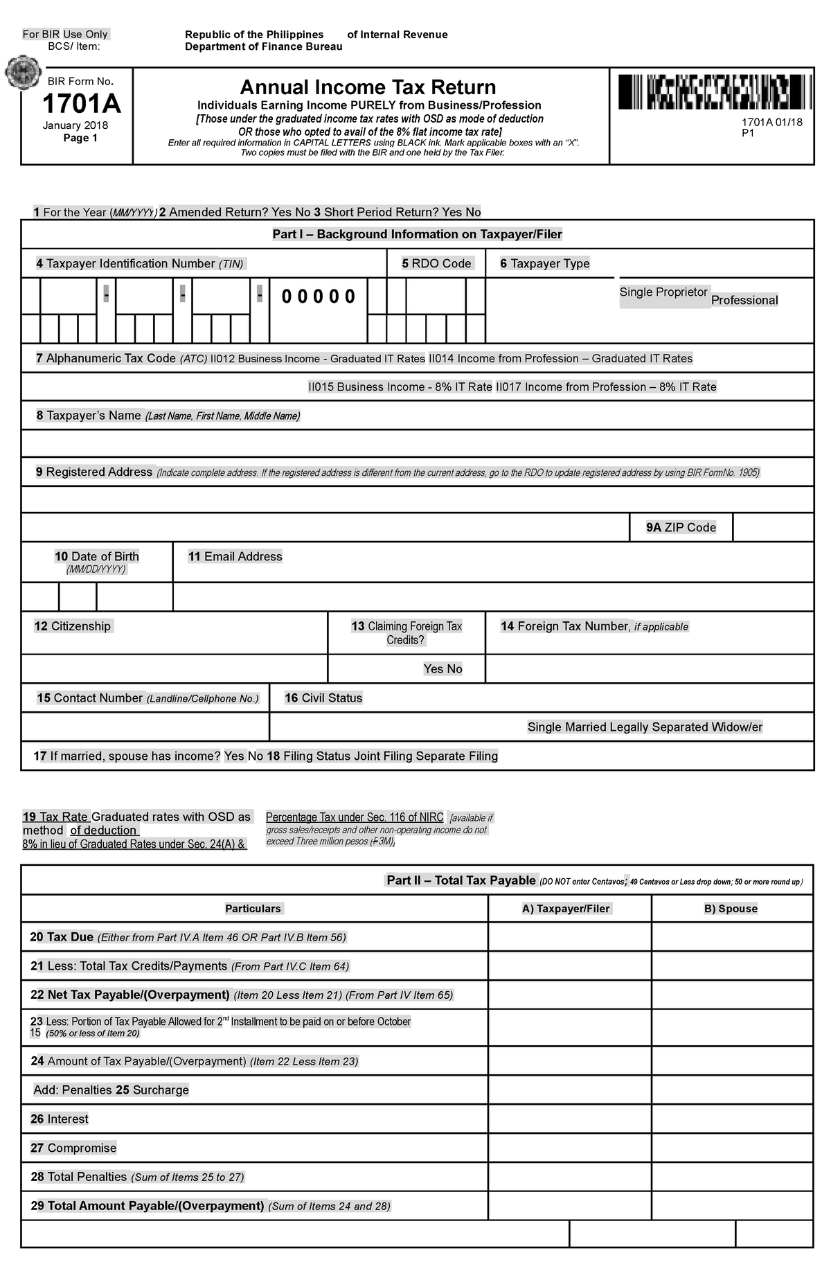 1701A Jan 2018 V5 With Rates - For BIR Use Only BCS/ Item: Republic Of ...