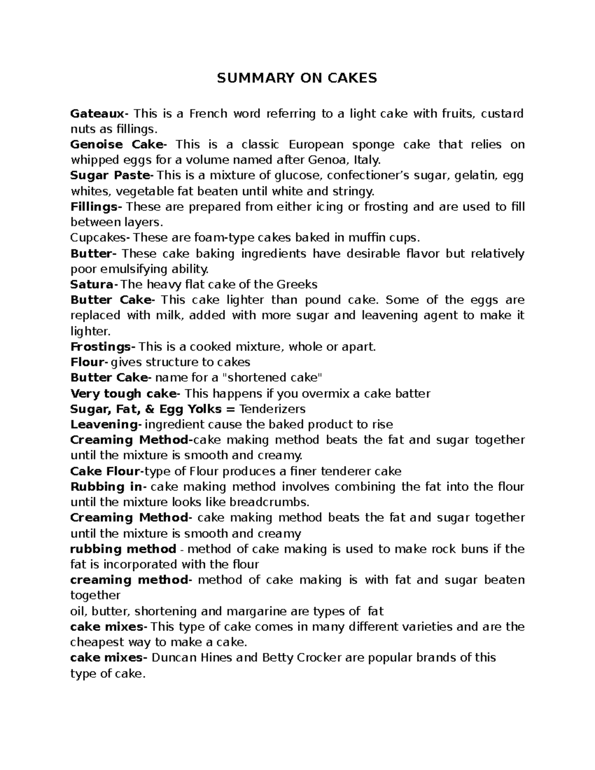 Summary ON Cakes - SUMMARY ON CAKES Gateaux- This is a French word ...