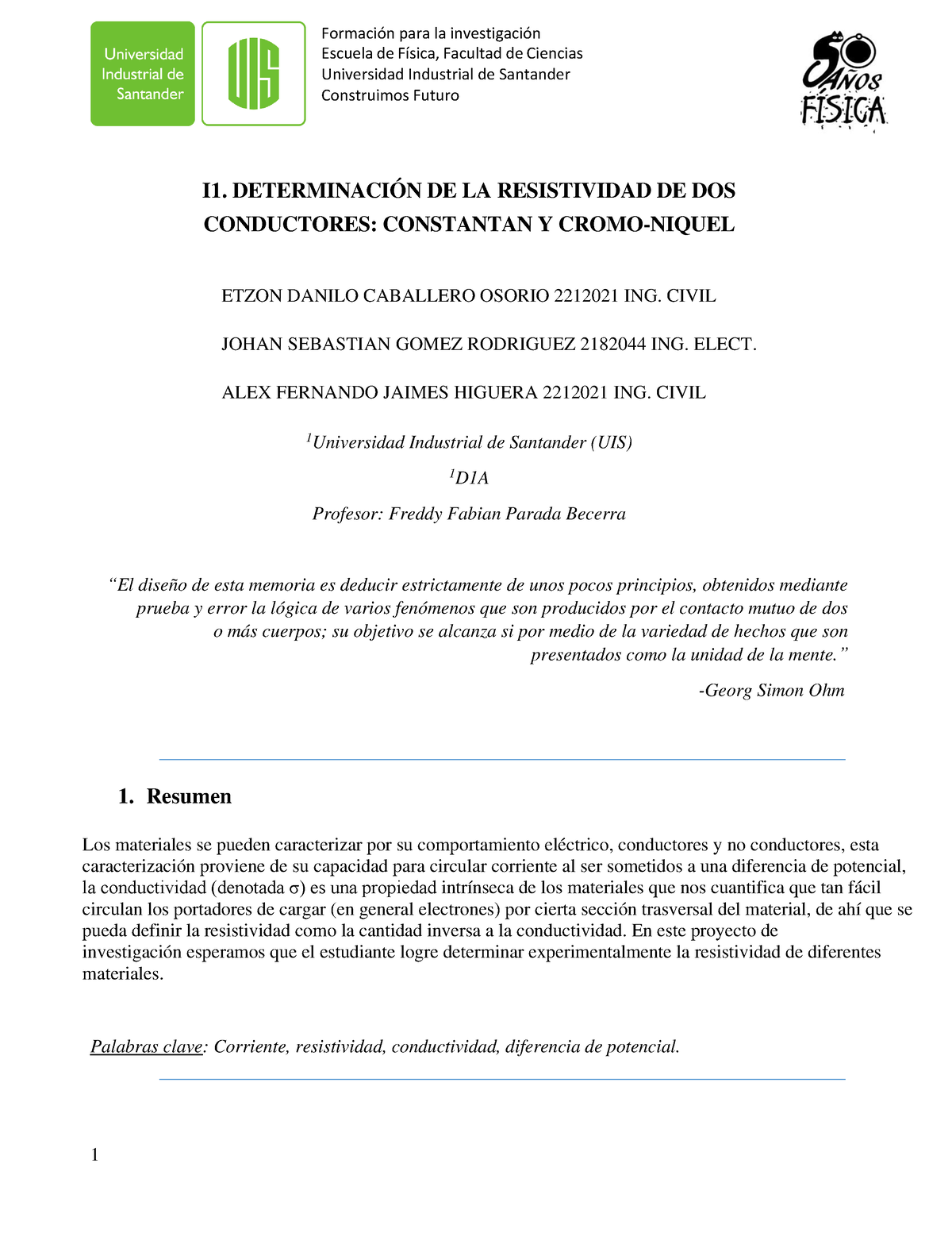 Informe DE Laboratorio I.2 Fisica II - Escuela De FÌsica, Facultad De ...