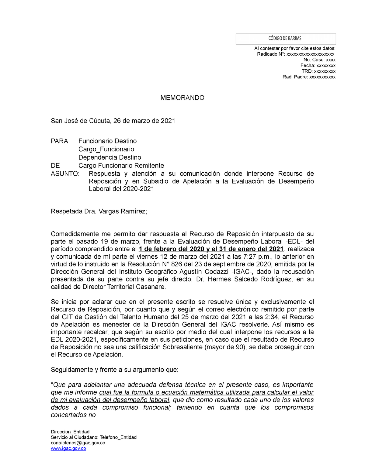 Caso 60072 Rsta Recurso de Reposición DMV - MEMORANDO San José de Cúcuta,  26 de marzo de 2021 PARA - Studocu