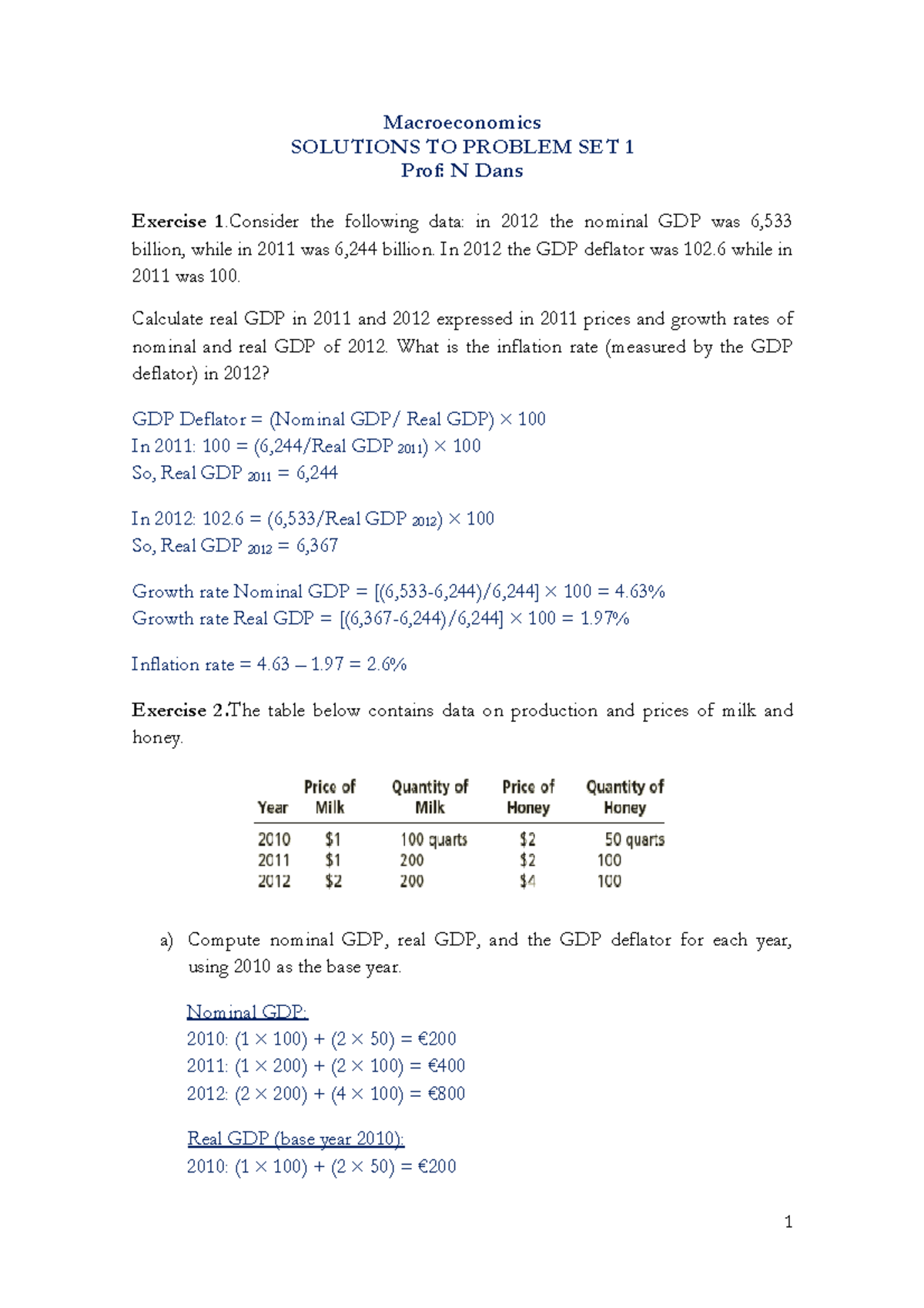 Macroeconomics Solutions TO Problem SET 1 - SOLU Exercise 1 The Billion ...